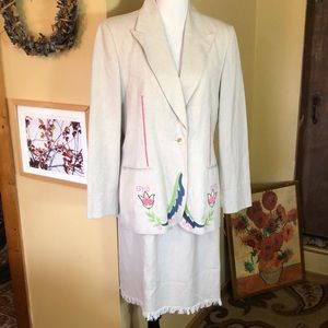 HARVE BENARD Size 14 Embroidered Skirted Suit LINEN Fringe Skirt